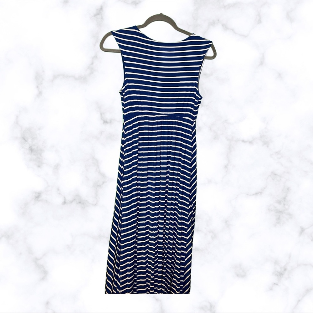 Blue and white striped maxi dress